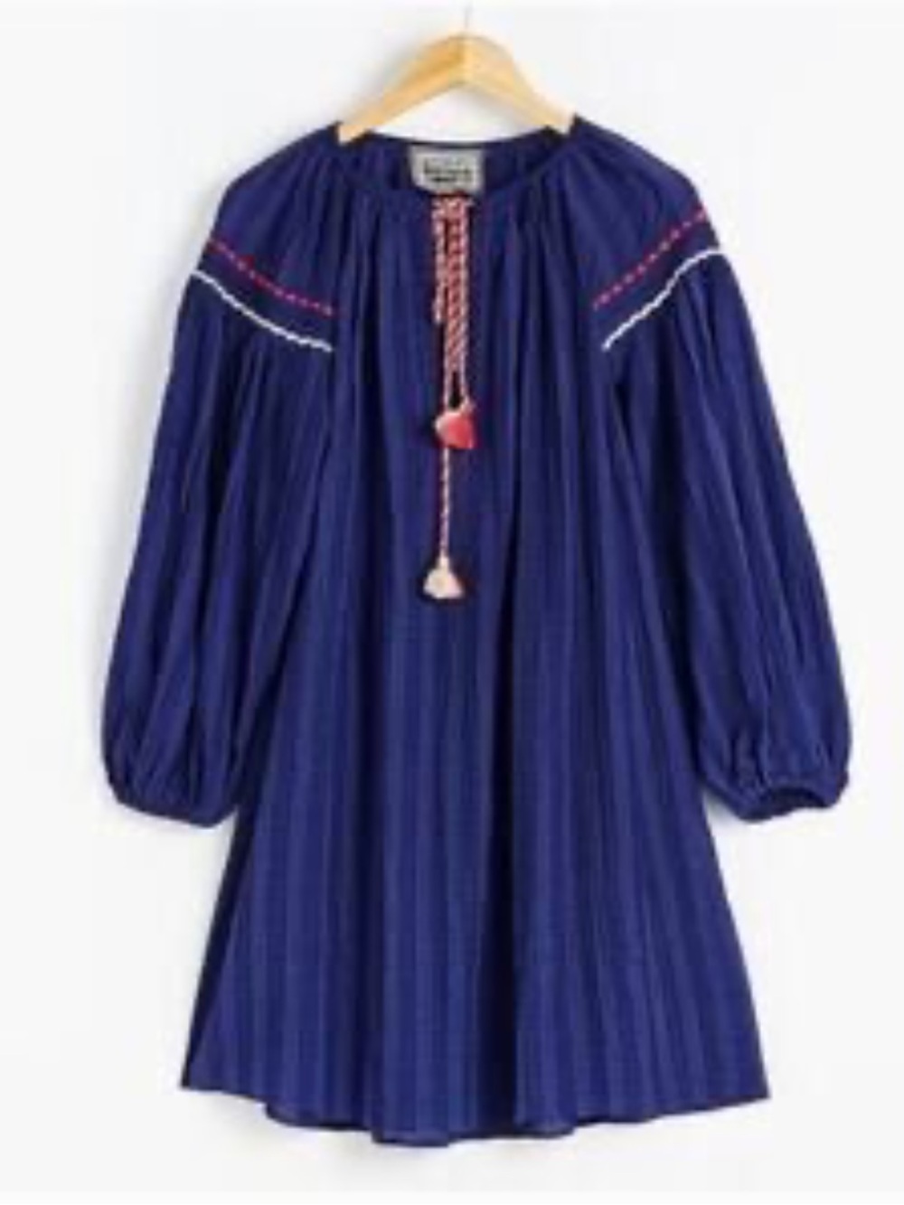 Anthropologie Navy Blue Midi Dress with Pink & White Tassels